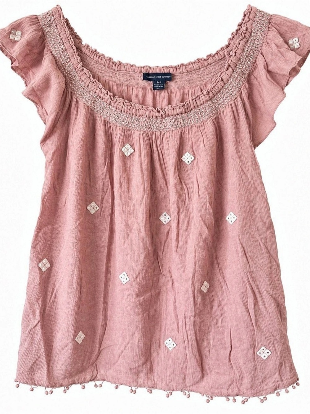 American Eagle Dusty Rose Pink Embroidered Boho Peasant Blouse Women's S